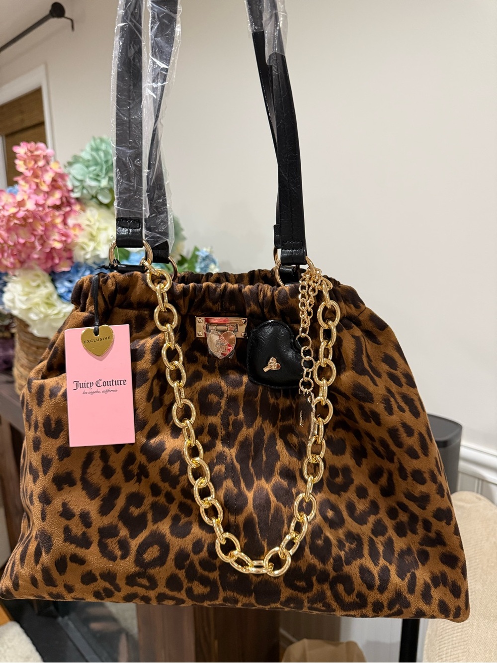 NWT Juicy Couture Leopard Print Shoulder Bag with Gold Chain Accents - Brown